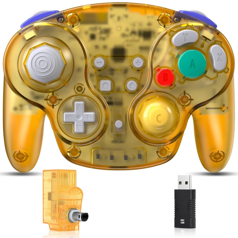 SAFFUN 2.4 GHz Wireless GameCube Switch Pro Controller, for NGC GameCube Console, Switch/Switch OLED, PC, Steam Deck (Built-in Rumble) (Rechargeable) (Plug and Play) Clear Yellow - Image 1